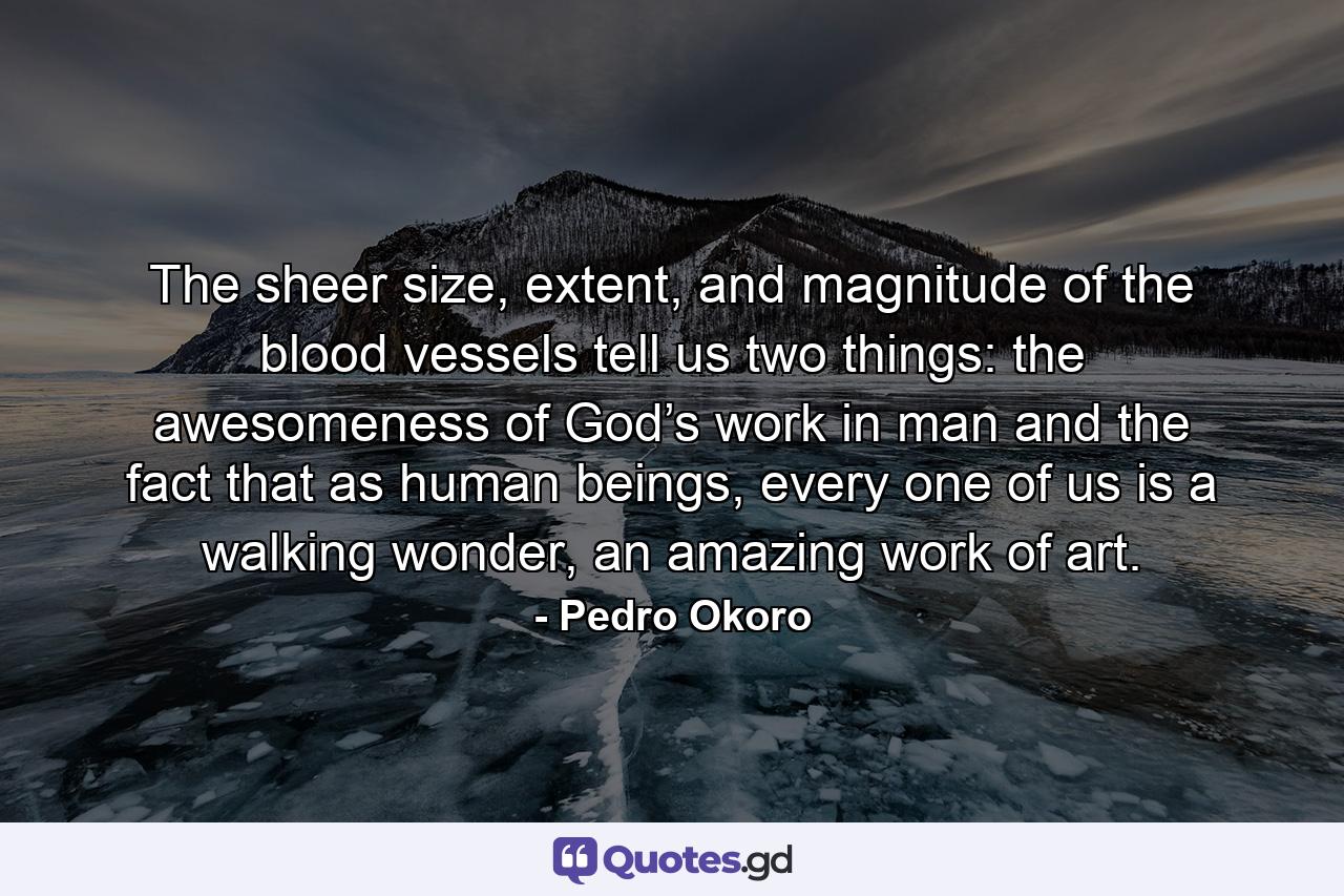 The sheer size, extent, and magnitude of the blood vessels tell us two things: the awesomeness of God’s work in man and the fact that as human beings, every one of us is a walking wonder, an amazing work of art. - Quote by Pedro Okoro