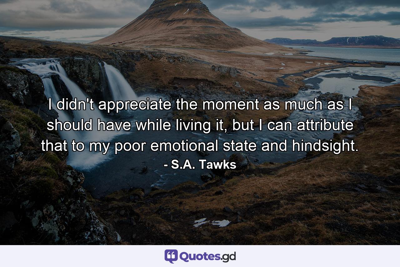 I didn't appreciate the moment as much as I should have while living it, but I can attribute that to my poor emotional state and hindsight. - Quote by S.A. Tawks