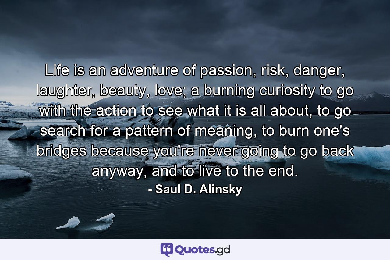 Life is an adventure of passion, risk, danger, laughter, beauty, love; a burning curiosity to go with the action to see what it is all about, to go search for a pattern of meaning, to burn one's bridges because you're never going to go back anyway, and to live to the end. - Quote by Saul D. Alinsky