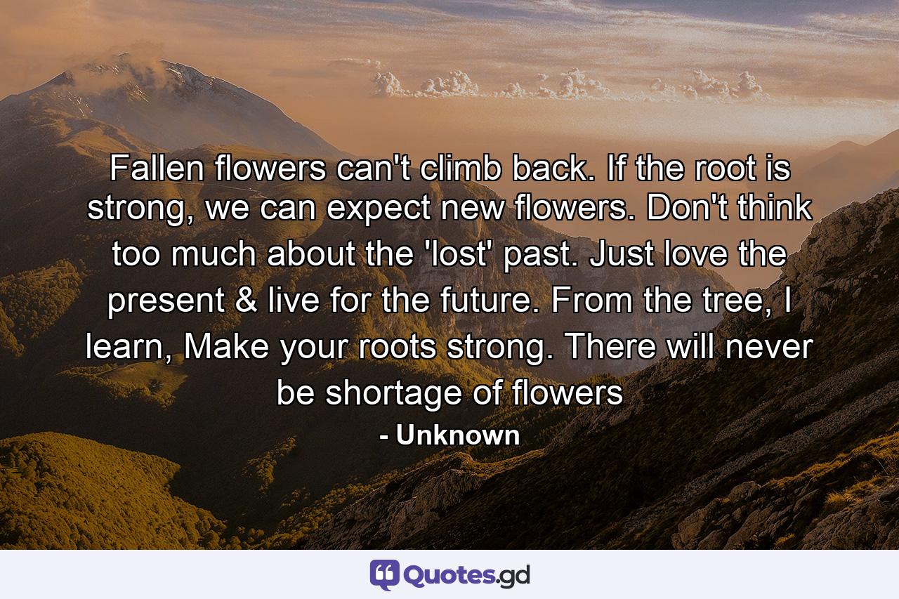 Fallen flowers can't climb back. If the root is strong, we can expect new flowers. Don't think too much about the 'lost' past. Just love the present & live for the future. From the tree, I learn, Make your roots strong. There will never be shortage of flowers - Quote by Unknown