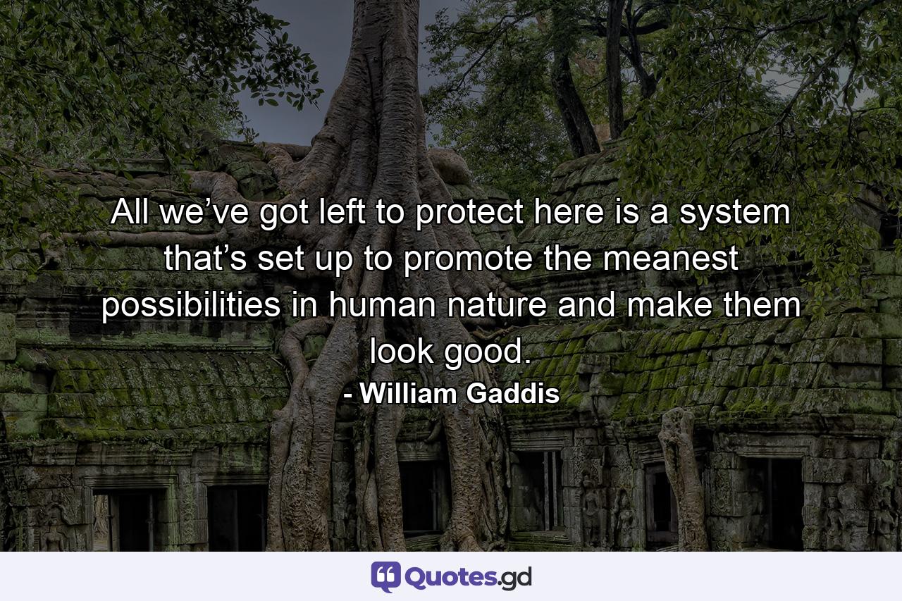 All we’ve got left to protect here is a system that’s set up to promote the meanest possibilities in human nature and make them look good. - Quote by William Gaddis