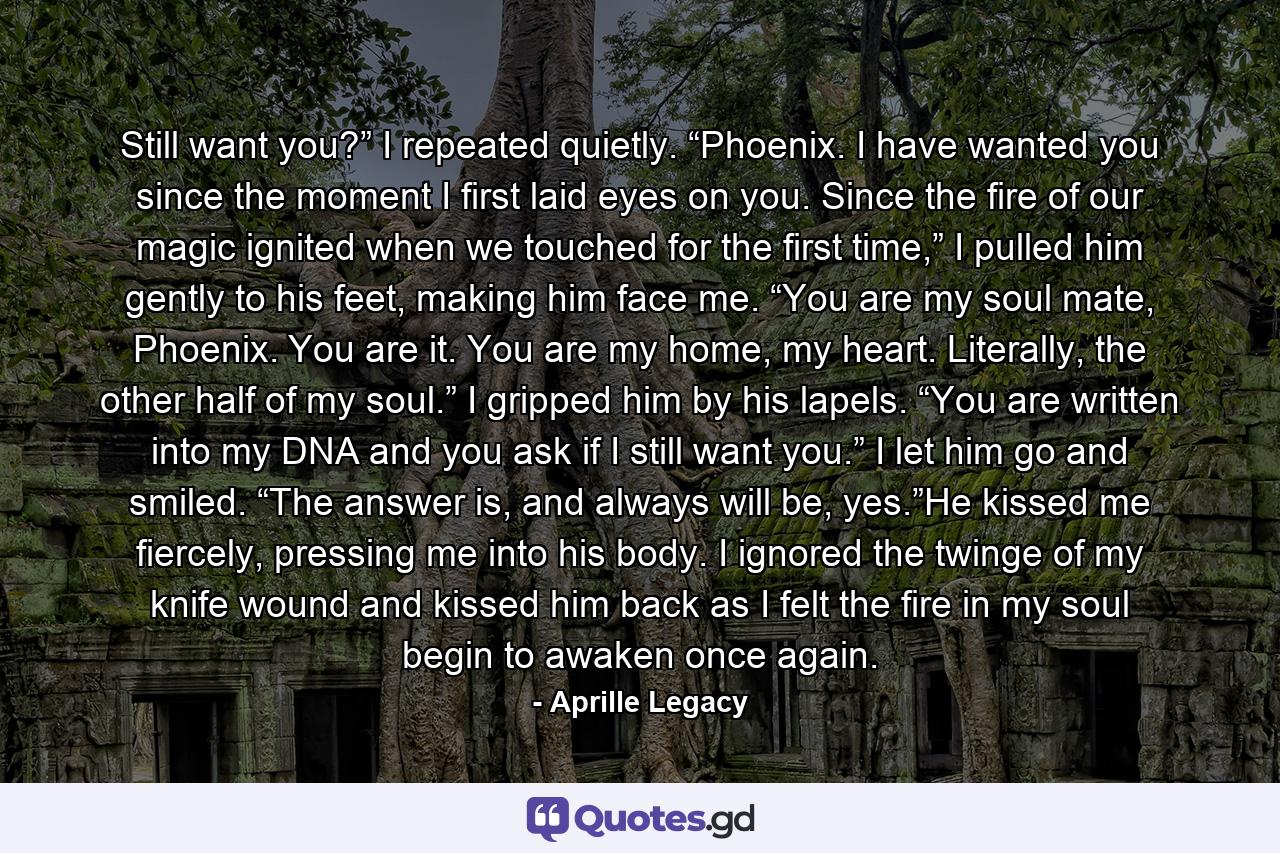 Still want you?” I repeated quietly. “Phoenix. I have wanted you since the moment I first laid eyes on you. Since the fire of our magic ignited when we touched for the first time,” I pulled him gently to his feet, making him face me. “You are my soul mate, Phoenix. You are it. You are my home, my heart. Literally, the other half of my soul.” I gripped him by his lapels. “You are written into my DNA and you ask if I still want you.” I let him go and smiled. “The answer is, and always will be, yes.”He kissed me fiercely, pressing me into his body. I ignored the twinge of my knife wound and kissed him back as I felt the fire in my soul begin to awaken once again. - Quote by Aprille Legacy