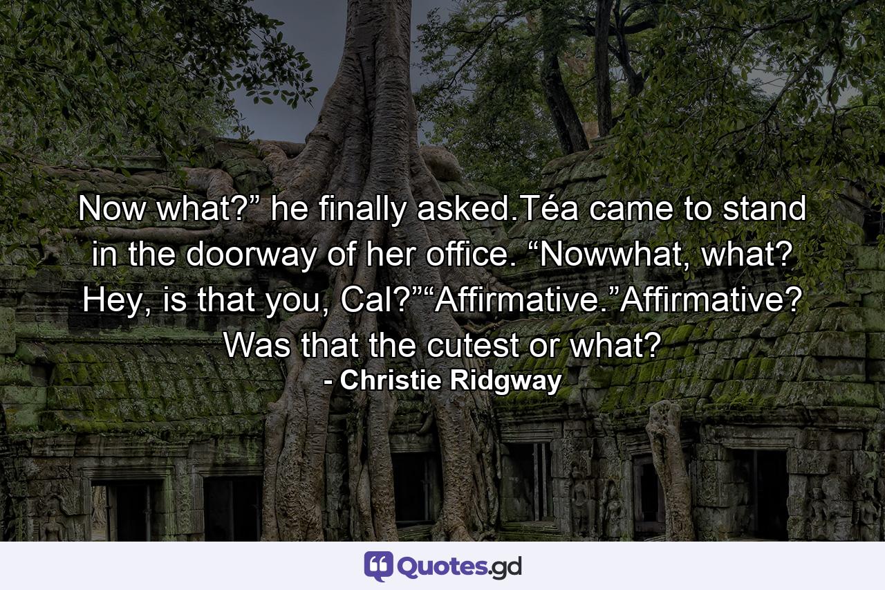 Now what?” he finally asked.Téa came to stand in the doorway of her office. “Nowwhat, what? Hey, is that you, Cal?”“Affirmative.”Affirmative? Was that the cutest or what? - Quote by Christie Ridgway