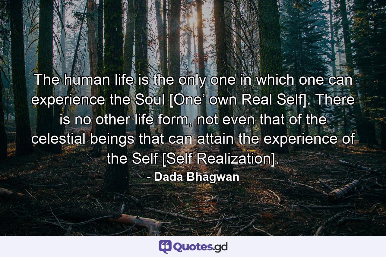 The human life is the only one in which one can experience the Soul [One’ own Real Self]. There is no other life form, not even that of the celestial beings that can attain the experience of the Self [Self Realization]. - Quote by Dada Bhagwan