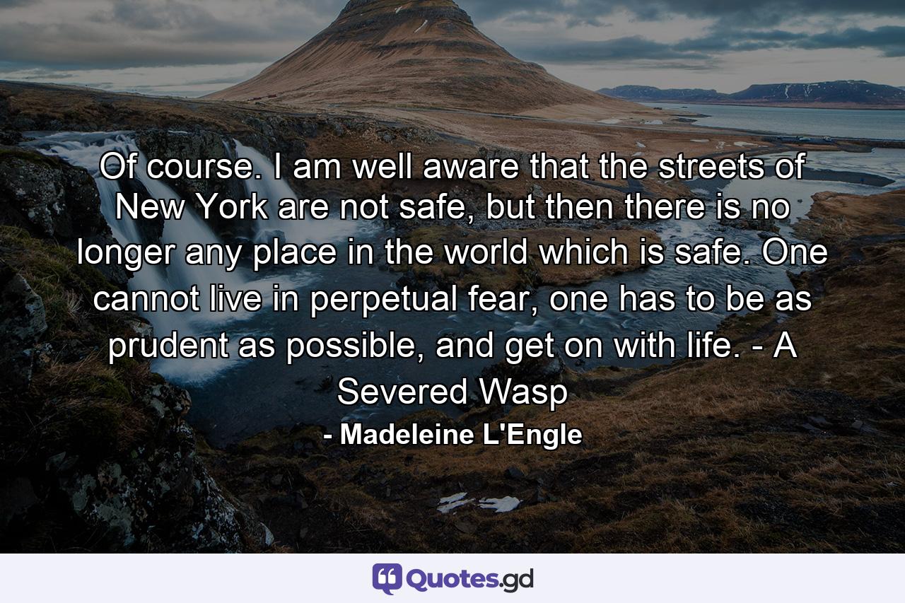 Of course. I am well aware that the streets of New York are not safe, but then there is no longer any place in the world which is safe. One cannot live in perpetual fear, one has to be as prudent as possible, and get on with life. - A Severed Wasp - Quote by Madeleine L'Engle