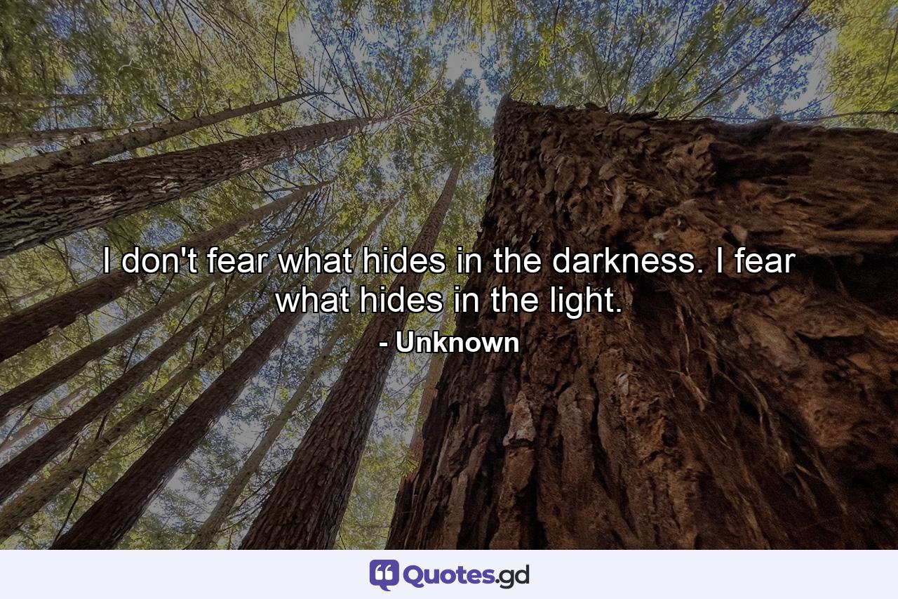 I don't fear what hides in the darkness. I fear what hides in the light. - Quote by Unknown