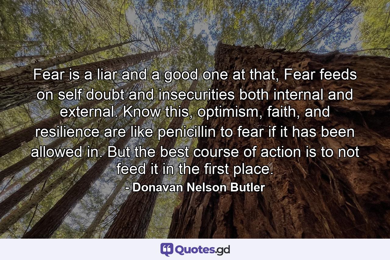 Fear is a liar and a good one at that, Fear feeds on self doubt and insecurities both internal and external. Know this, optimism, faith, and resilience are like penicillin to fear if it has been allowed in. But the best course of action is to not feed it in the first place. - Quote by Donavan Nelson Butler