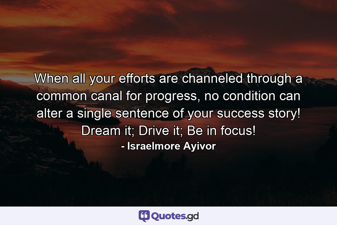 When all your efforts are channeled through a common canal for progress, no condition can alter a single sentence of your success story! Dream it; Drive it; Be in focus! - Quote by Israelmore Ayivor