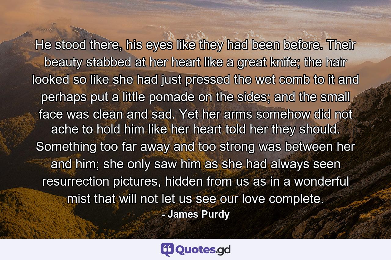 He stood there, his eyes like they had been before. Their beauty stabbed at her heart like a great knife; the hair looked so like she had just pressed the wet comb to it and perhaps put a little pomade on the sides; and the small face was clean and sad. Yet her arms somehow did not ache to hold him like her heart told her they should. Something too far away and too strong was between her and him; she only saw him as she had always seen resurrection pictures, hidden from us as in a wonderful mist that will not let us see our love complete. - Quote by James Purdy