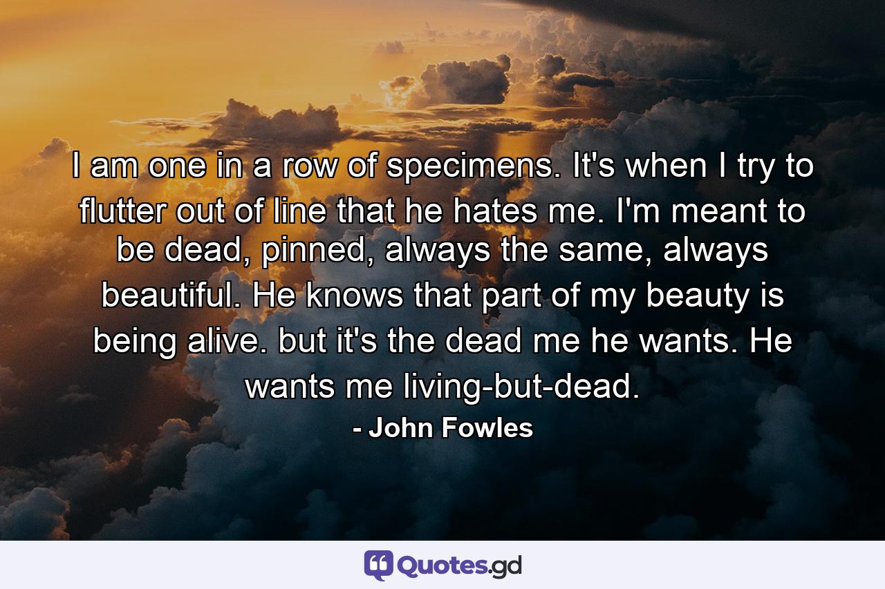 I am one in a row of specimens. It's when I try to flutter out of line that he hates me. I'm meant to be dead, pinned, always the same, always beautiful. He knows that part of my beauty is being alive. but it's the dead me he wants. He wants me living-but-dead. - Quote by John Fowles