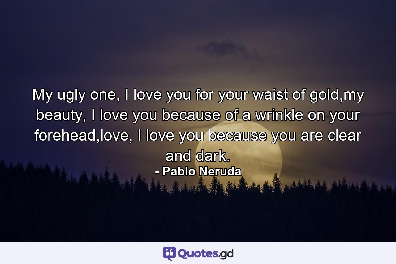 My ugly one, I love you for your waist of gold,my beauty, I love you because of a wrinkle on your forehead,love, I love you because you are clear and dark. - Quote by Pablo Neruda