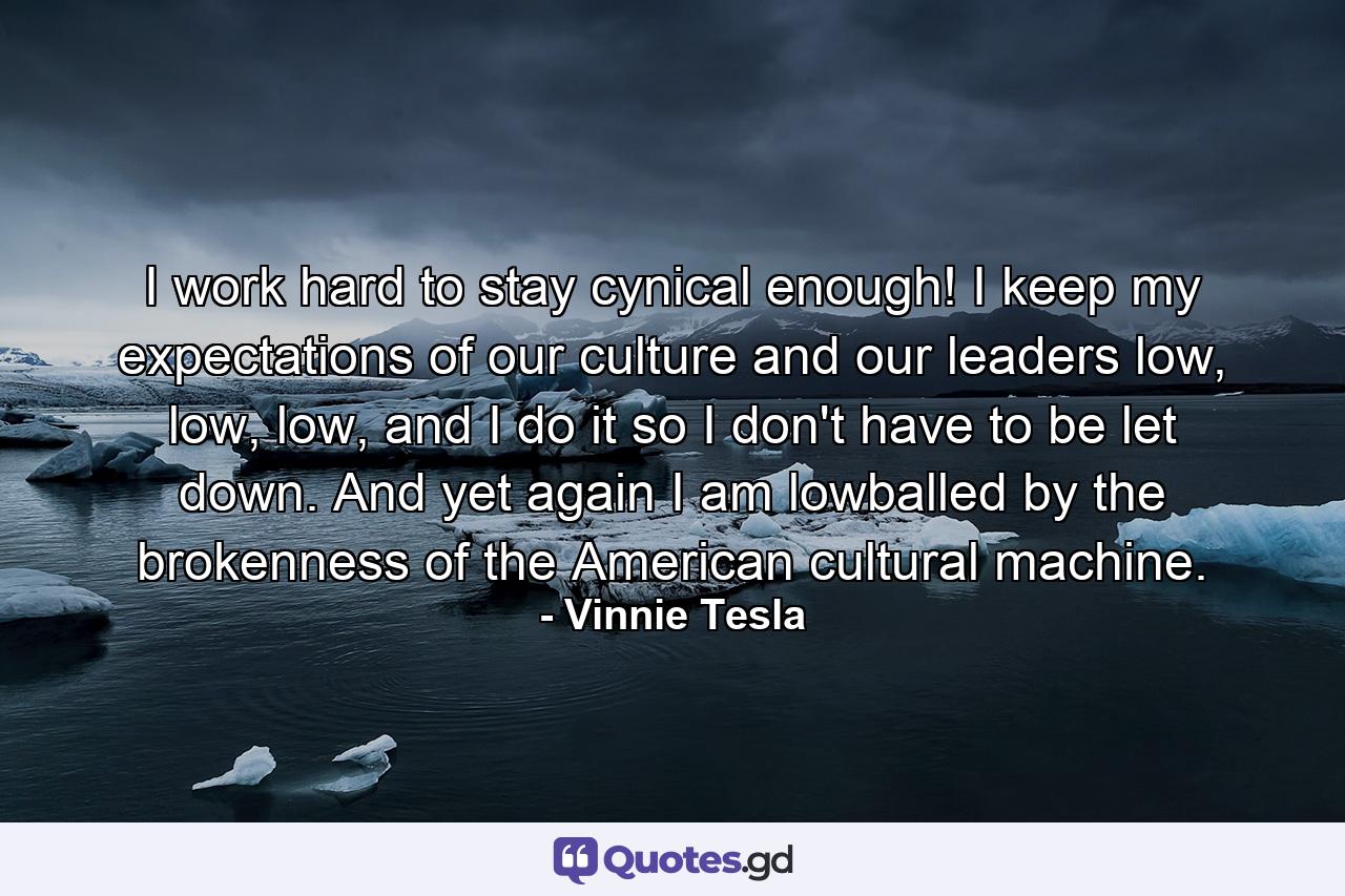 I work hard to stay cynical enough! I keep my expectations of our culture and our leaders low, low, low, and I do it so I don't have to be let down. And yet again I am lowballed by the brokenness of the American cultural machine. - Quote by Vinnie Tesla