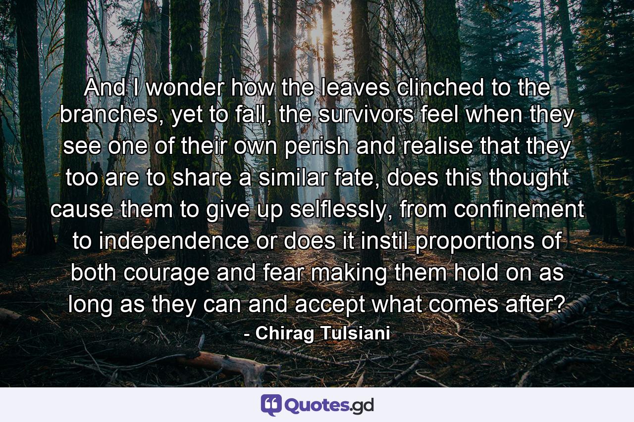And I wonder how the leaves clinched to the branches, yet to fall, the survivors feel when they see one of their own perish and realise that they too are to share a similar fate, does this thought cause them to give up selflessly, from confinement to independence or does it instil proportions of both courage and fear making them hold on as long as they can and accept what comes after? - Quote by Chirag Tulsiani
