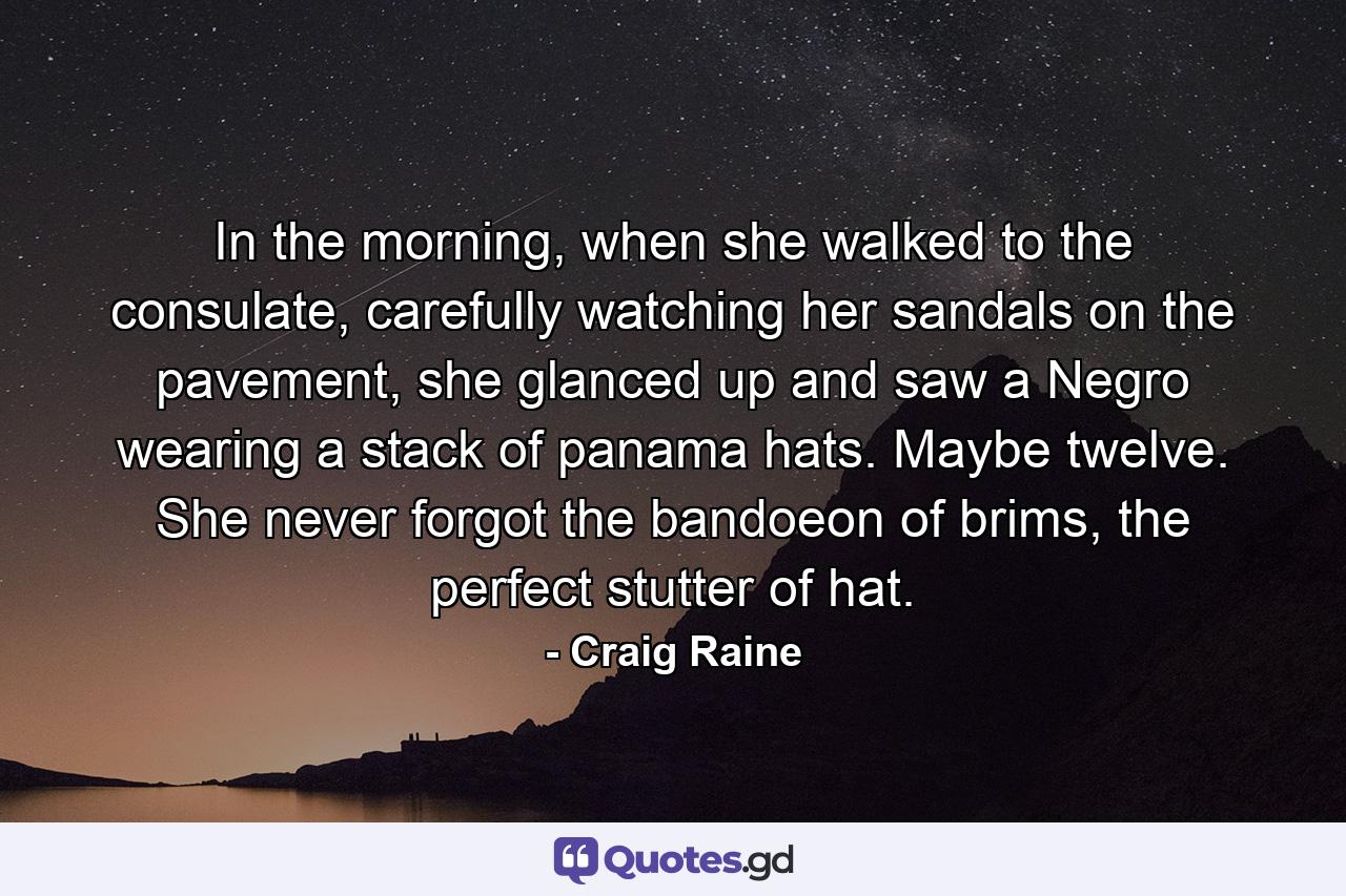 In the morning, when she walked to the consulate, carefully watching her sandals on the pavement, she glanced up and saw a Negro wearing a stack of panama hats. Maybe twelve. She never forgot the bandoeon of brims, the perfect stutter of hat. - Quote by Craig Raine