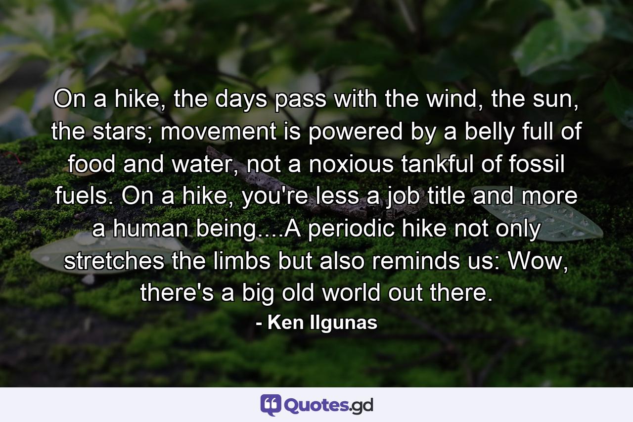 On a hike, the days pass with the wind, the sun, the stars; movement is powered by a belly full of food and water, not a noxious tankful of fossil fuels. On a hike, you're less a job title and more a human being....A periodic hike not only stretches the limbs but also reminds us: Wow, there's a big old world out there. - Quote by Ken Ilgunas