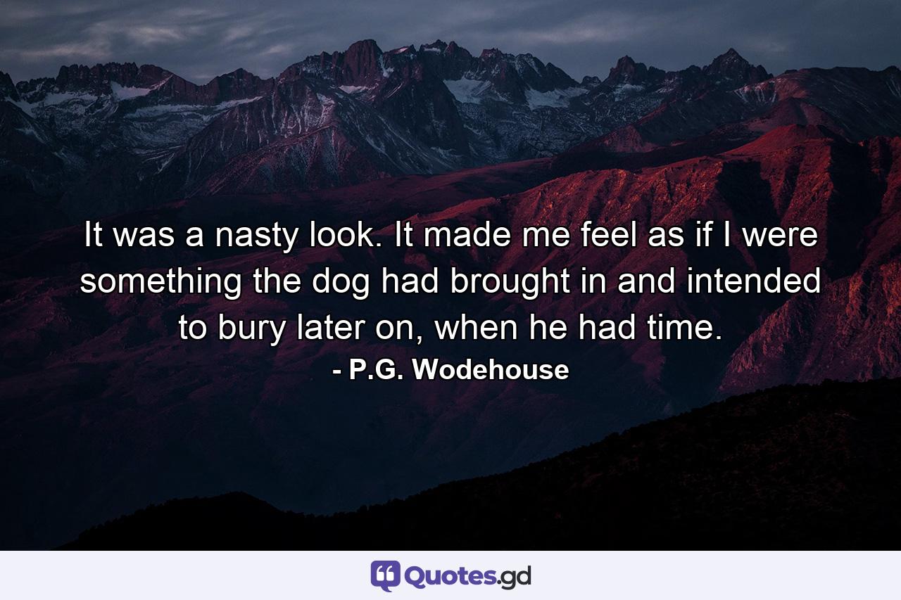 It was a nasty look. It made me feel as if I were something the dog had brought in and intended to bury later on, when he had time. - Quote by P.G. Wodehouse