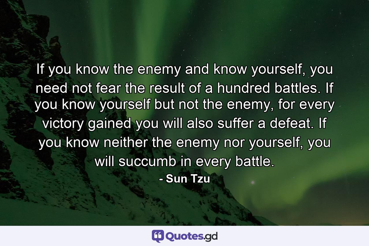 If you know the enemy and know yourself, you need not fear the result of a hundred battles. If you know yourself but not the enemy, for every victory gained you will also suffer a defeat. If you know neither the enemy nor yourself, you will succumb in every battle. - Quote by Sun Tzu