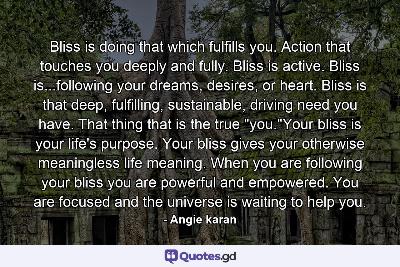 Bliss is doing that which fulfills you. Action that touches you deeply and fully. Bliss is active. Bliss is...following your dreams, desires, or heart. Bliss is that deep, fulfilling, sustainable, driving need you have. That thing that is the true 