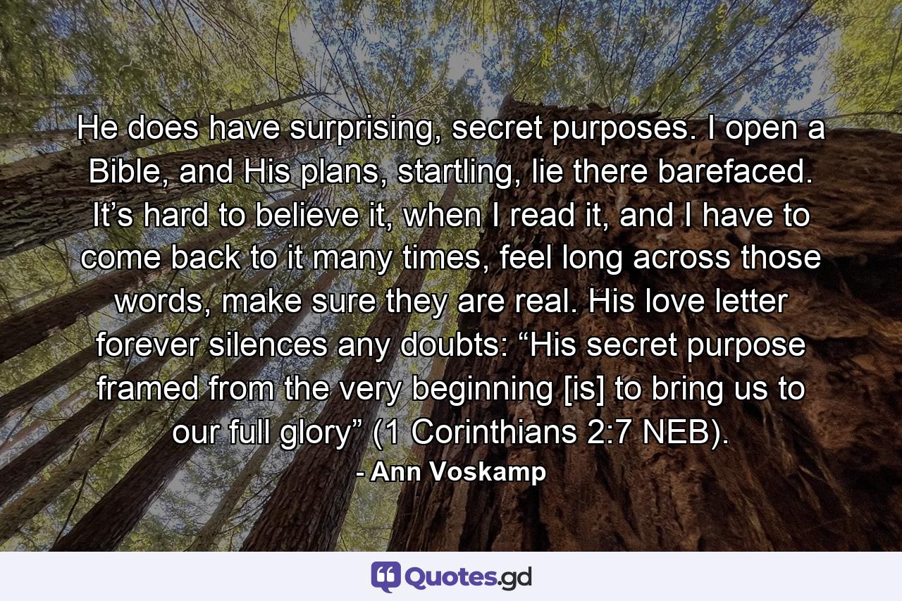 He does have surprising, secret purposes. I open a Bible, and His plans, startling, lie there barefaced. It’s hard to believe it, when I read it, and I have to come back to it many times, feel long across those words, make sure they are real. His love letter forever silences any doubts: “His secret purpose framed from the very beginning [is] to bring us to our full glory” (1 Corinthians 2:7 NEB). - Quote by Ann Voskamp