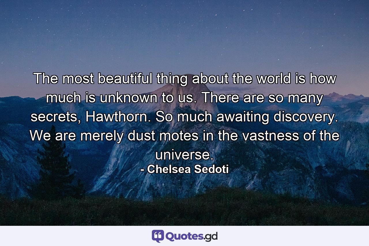 The most beautiful thing about the world is how much is unknown to us. There are so many secrets, Hawthorn. So much awaiting discovery. We are merely dust motes in the vastness of the universe. - Quote by Chelsea Sedoti