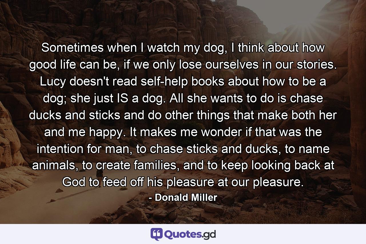 Sometimes when I watch my dog, I think about how good life can be, if we only lose ourselves in our stories. Lucy doesn't read self-help books about how to be a dog; she just IS a dog. All she wants to do is chase ducks and sticks and do other things that make both her and me happy. It makes me wonder if that was the intention for man, to chase sticks and ducks, to name animals, to create families, and to keep looking back at God to feed off his pleasure at our pleasure. - Quote by Donald Miller