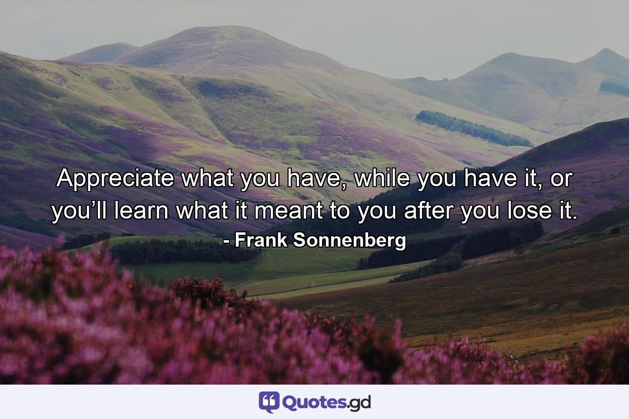 Appreciate what you have, while you have it, or you’ll learn what it meant to you after you lose it. - Quote by Frank Sonnenberg