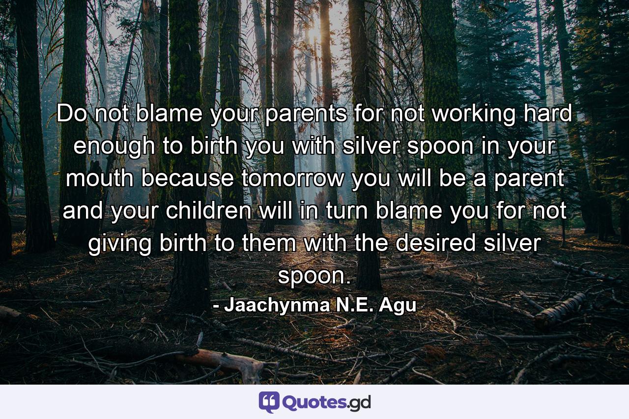 Do not blame your parents for not working hard enough to birth you with silver spoon in your mouth because tomorrow you will be a parent and your children will in turn blame you for not giving birth to them with the desired silver spoon. - Quote by Jaachynma N.E. Agu