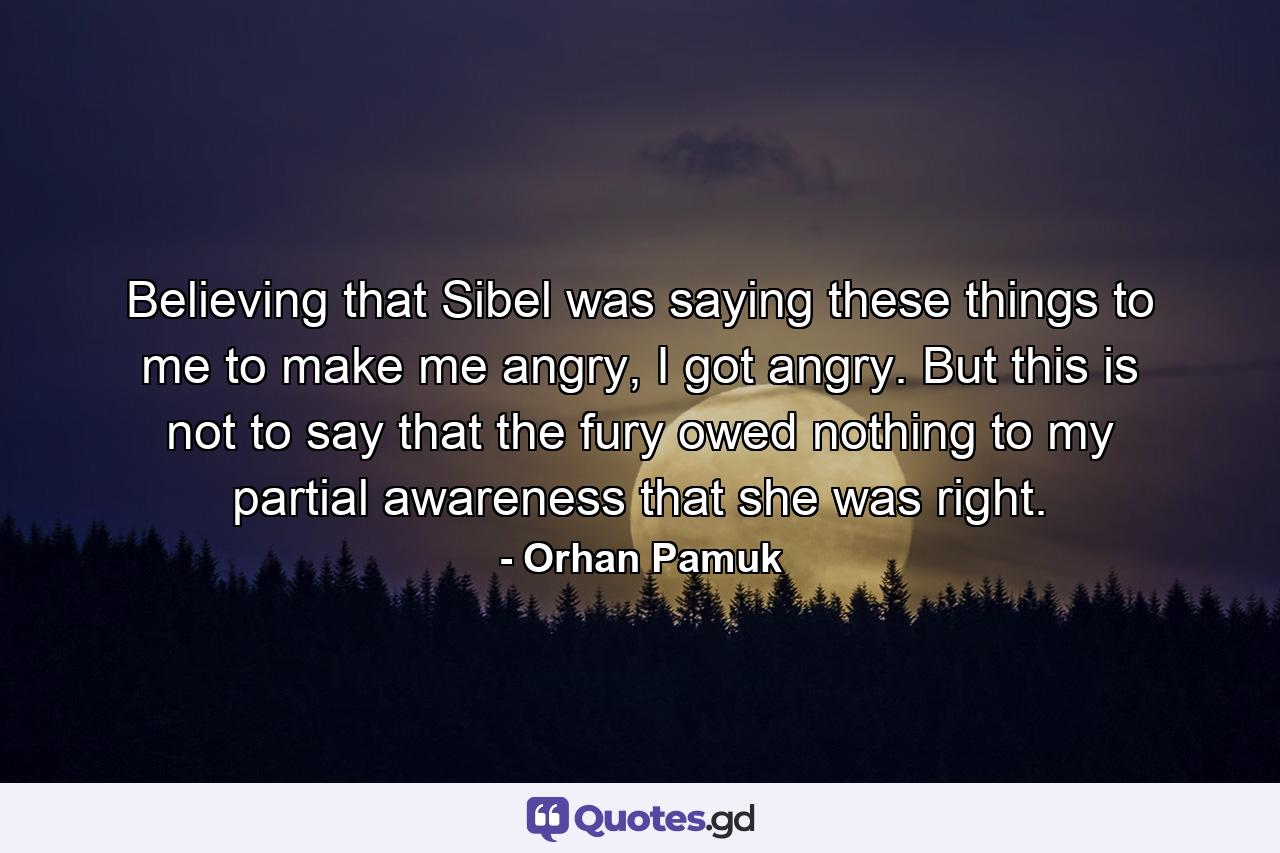 Believing that Sibel was saying these things to me to make me angry, I got angry. But this is not to say that the fury owed nothing to my partial awareness that she was right. - Quote by Orhan Pamuk