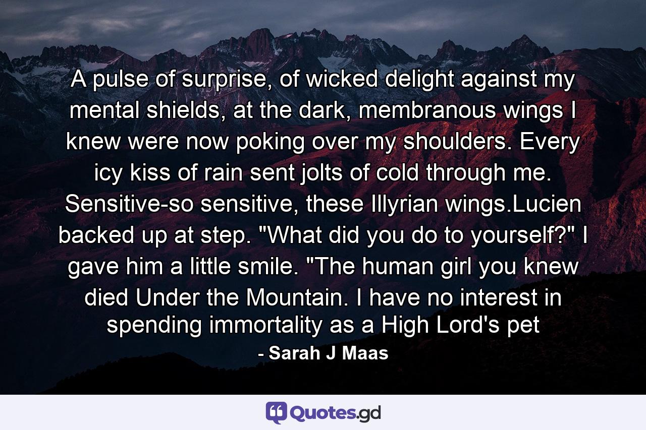 A pulse of surprise, of wicked delight against my mental shields, at the dark, membranous wings I knew were now poking over my shoulders. Every icy kiss of rain sent jolts of cold through me. Sensitive-so sensitive, these Illyrian wings.Lucien backed up at step. 