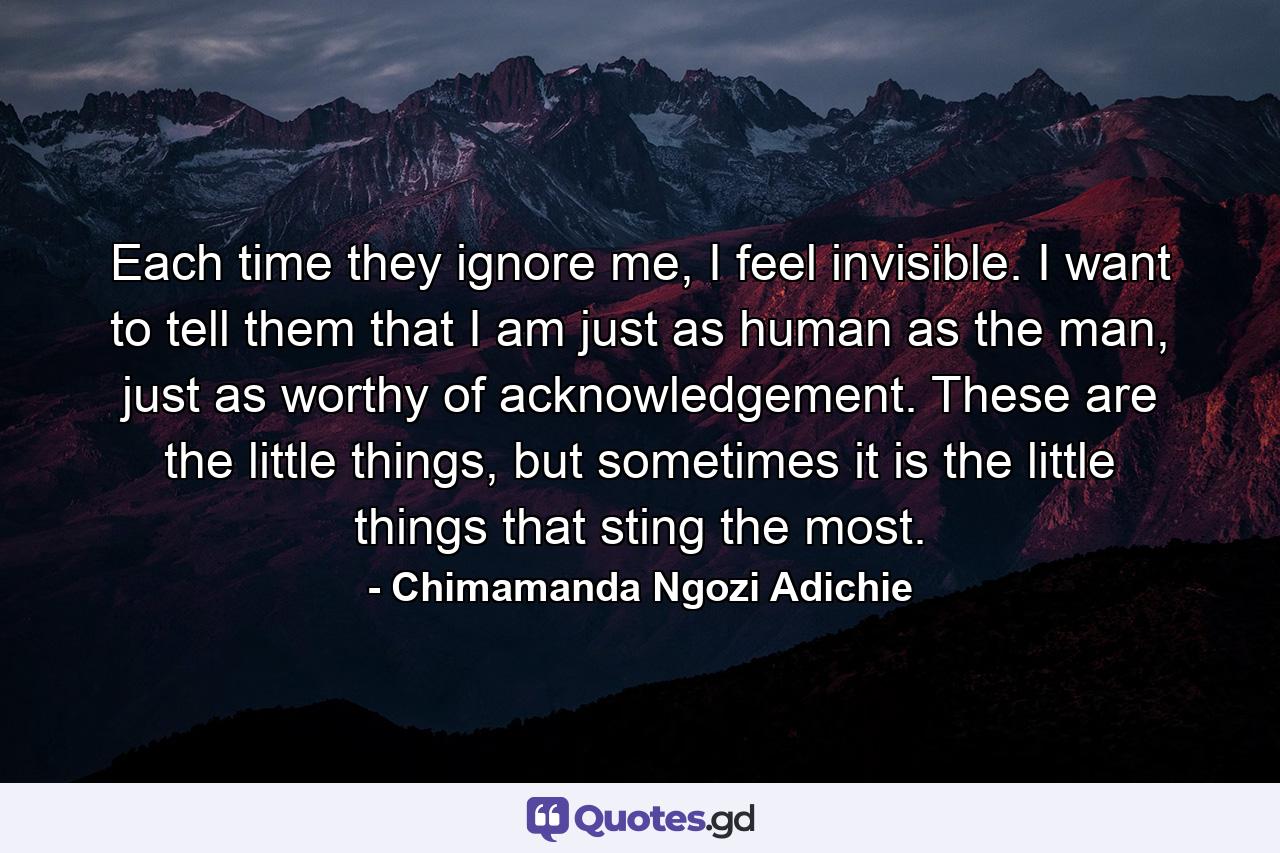 Each time they ignore me, I feel invisible. I want to tell them that I am just as human as the man, just as worthy of acknowledgement. These are the little things, but sometimes it is the little things that sting the most. - Quote by Chimamanda Ngozi Adichie