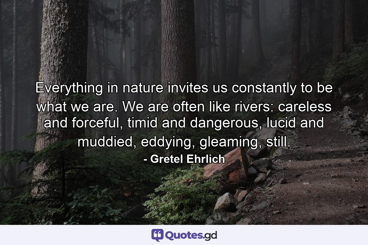 Everything in nature invites us constantly to be what we are. We are often like rivers: careless and forceful, timid and dangerous, lucid and muddied, eddying, gleaming, still. - Quote by Gretel Ehrlich