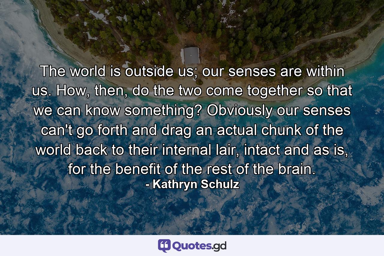 The world is outside us; our senses are within us. How, then, do the two come together so that we can know something? Obviously our senses can't go forth and drag an actual chunk of the world back to their internal lair, intact and as is, for the benefit of the rest of the brain. - Quote by Kathryn Schulz