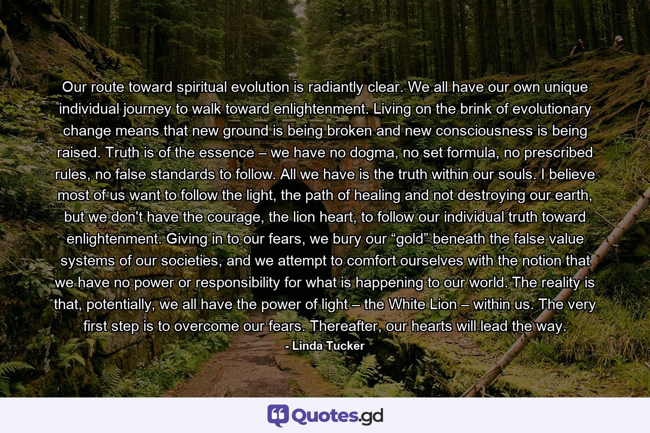 Our route toward spiritual evolution is radiantly clear. We all have our own unique individual journey to walk toward enlightenment. Living on the brink of evolutionary change means that new ground is being broken and new consciousness is being raised. Truth is of the essence – we have no dogma, no set formula, no prescribed rules, no false standards to follow. All we have is the truth within our souls. I believe most of us want to follow the light, the path of healing and not destroying our earth, but we don't have the courage, the lion heart, to follow our individual truth toward enlightenment. Giving in to our fears, we bury our “gold” beneath the false value systems of our societies, and we attempt to comfort ourselves with the notion that we have no power or responsibility for what is happening to our world. The reality is that, potentially, we all have the power of light – the White Lion – within us. The very first step is to overcome our fears. Thereafter, our hearts will lead the way. - Quote by Linda Tucker