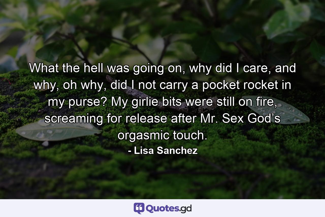 What the hell was going on, why did I care, and why, oh why, did I not carry a pocket rocket in my purse? My girlie bits were still on fire, screaming for release after Mr. Sex God’s orgasmic touch. - Quote by Lisa Sanchez