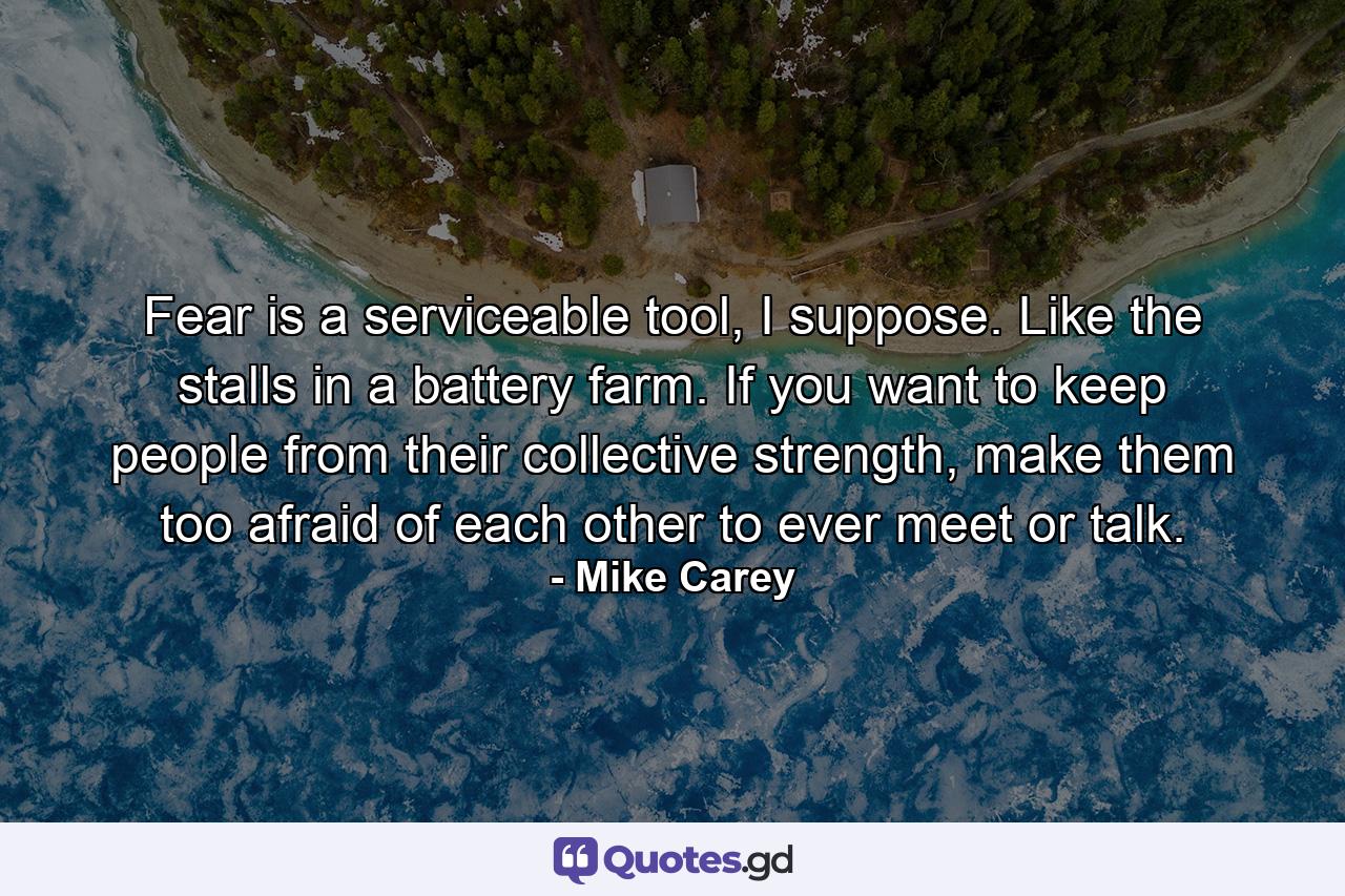 Fear is a serviceable tool, I suppose. Like the stalls in a battery farm. If you want to keep people from their collective strength, make them too afraid of each other to ever meet or talk. - Quote by Mike Carey