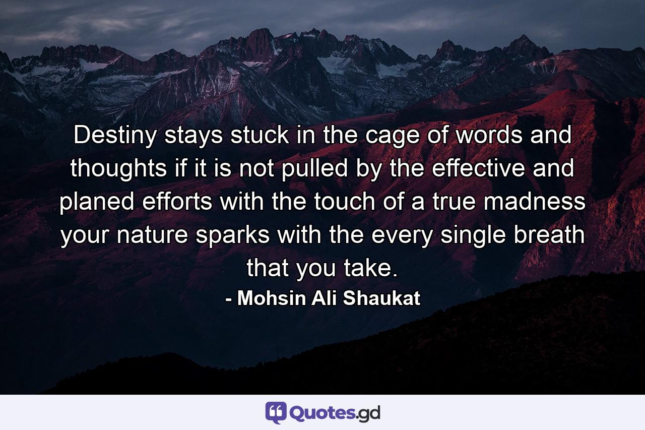 Destiny stays stuck in the cage of words and thoughts if it is not pulled by the effective and planed efforts with the touch of a true madness your nature sparks with the every single breath that you take. - Quote by Mohsin Ali Shaukat