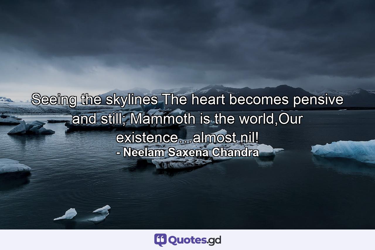 Seeing the skylines The heart becomes pensive and still; Mammoth is the world,Our existence…almost nil! - Quote by Neelam Saxena Chandra