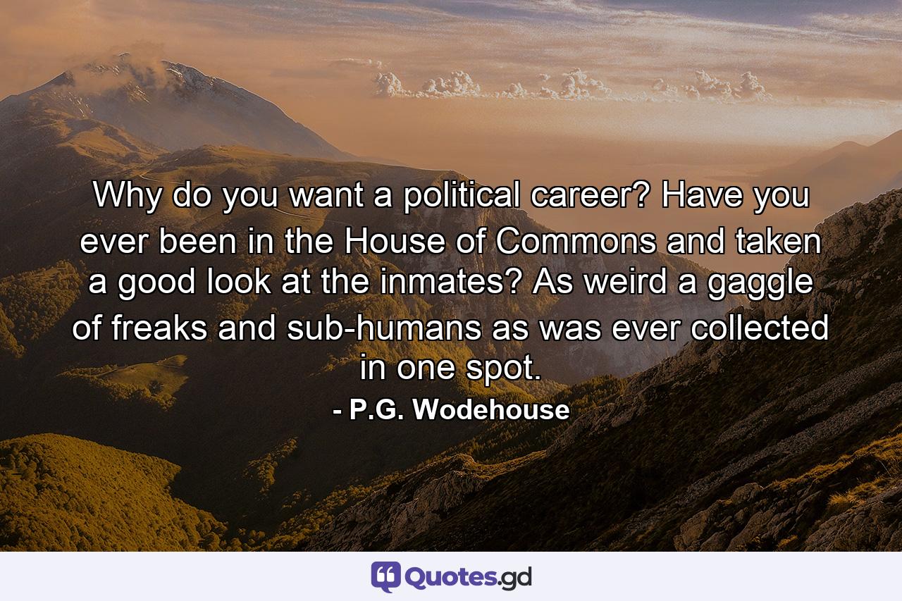 Why do you want a political career? Have you ever been in the House of Commons and taken a good look at the inmates? As weird a gaggle of freaks and sub-humans as was ever collected in one spot. - Quote by P.G. Wodehouse