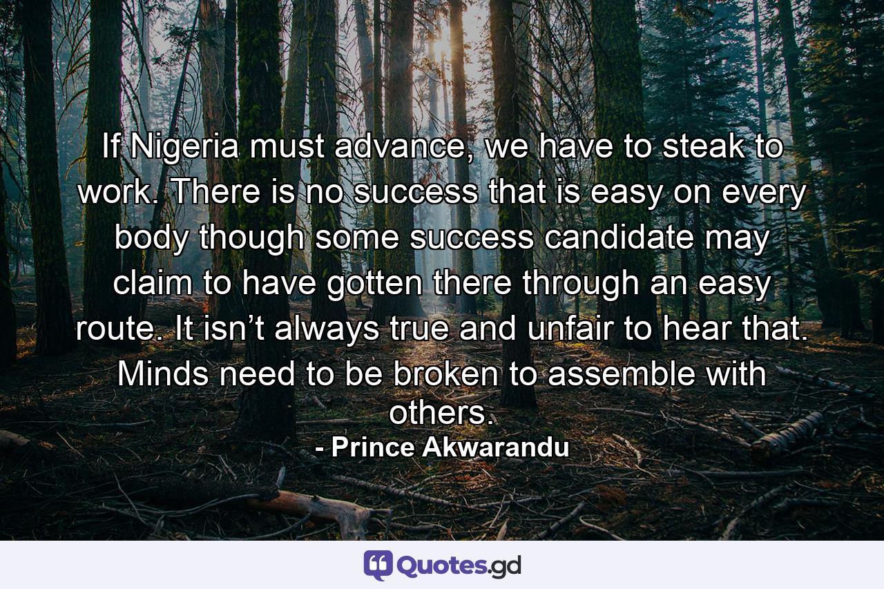 If Nigeria must advance, we have to steak to work. There is no success that is easy on every body though some success candidate may claim to have gotten there through an easy route. It isn’t always true and unfair to hear that. Minds need to be broken to assemble with others. - Quote by Prince Akwarandu