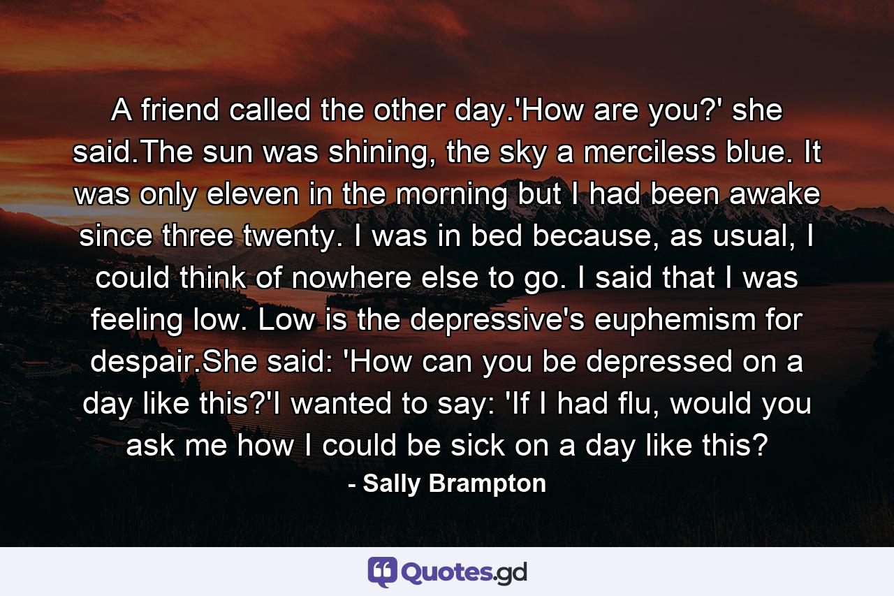 A friend called the other day.'How are you?' she said.The sun was shining, the sky a merciless blue. It was only eleven in the morning but I had been awake since three twenty. I was in bed because, as usual, I could think of nowhere else to go. I said that I was feeling low. Low is the depressive's euphemism for despair.She said: 'How can you be depressed on a day like this?'I wanted to say: 'If I had flu, would you ask me how I could be sick on a day like this? - Quote by Sally Brampton