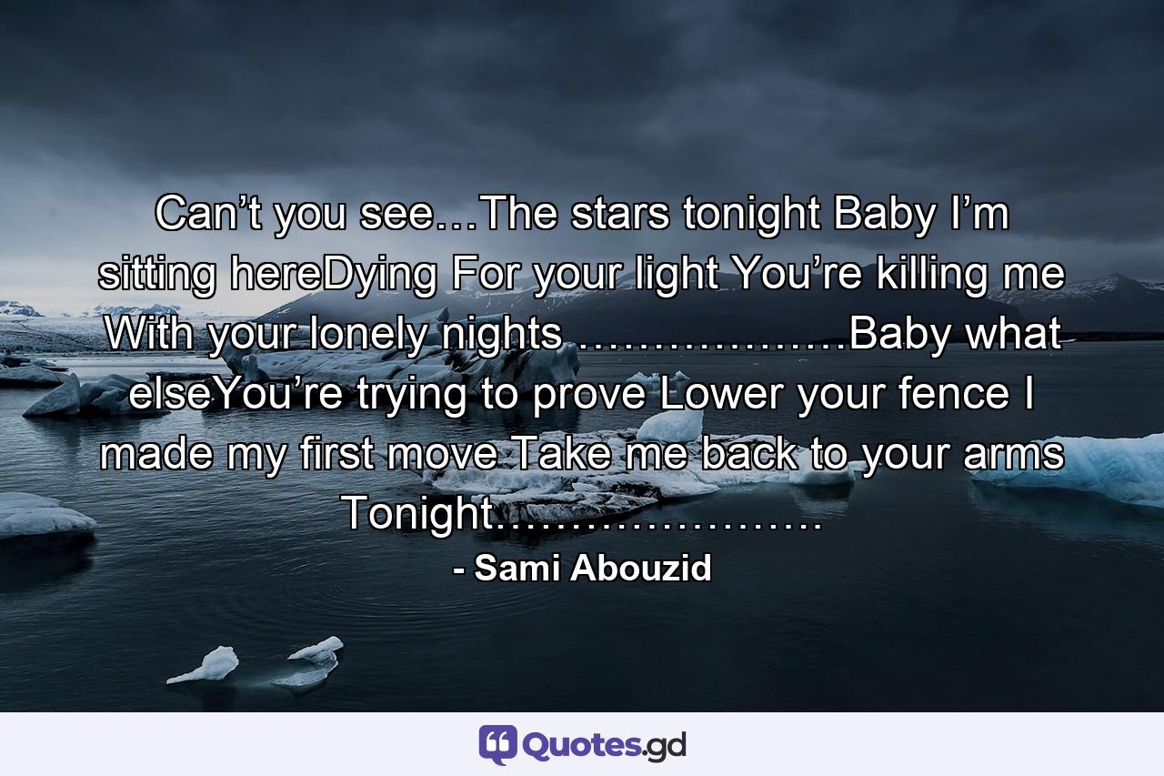 Can’t you see…The stars tonight Baby I’m sitting hereDying For your light You’re killing me With your lonely nights ………………Baby what elseYou’re trying to prove Lower your fence  I made my first move Take me back to your arms Tonight…………………. - Quote by Sami Abouzid