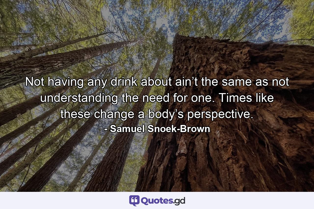 Not having any drink about ain’t the same as not understanding the need for one. Times like these change a body’s perspective. - Quote by Samuel Snoek-Brown