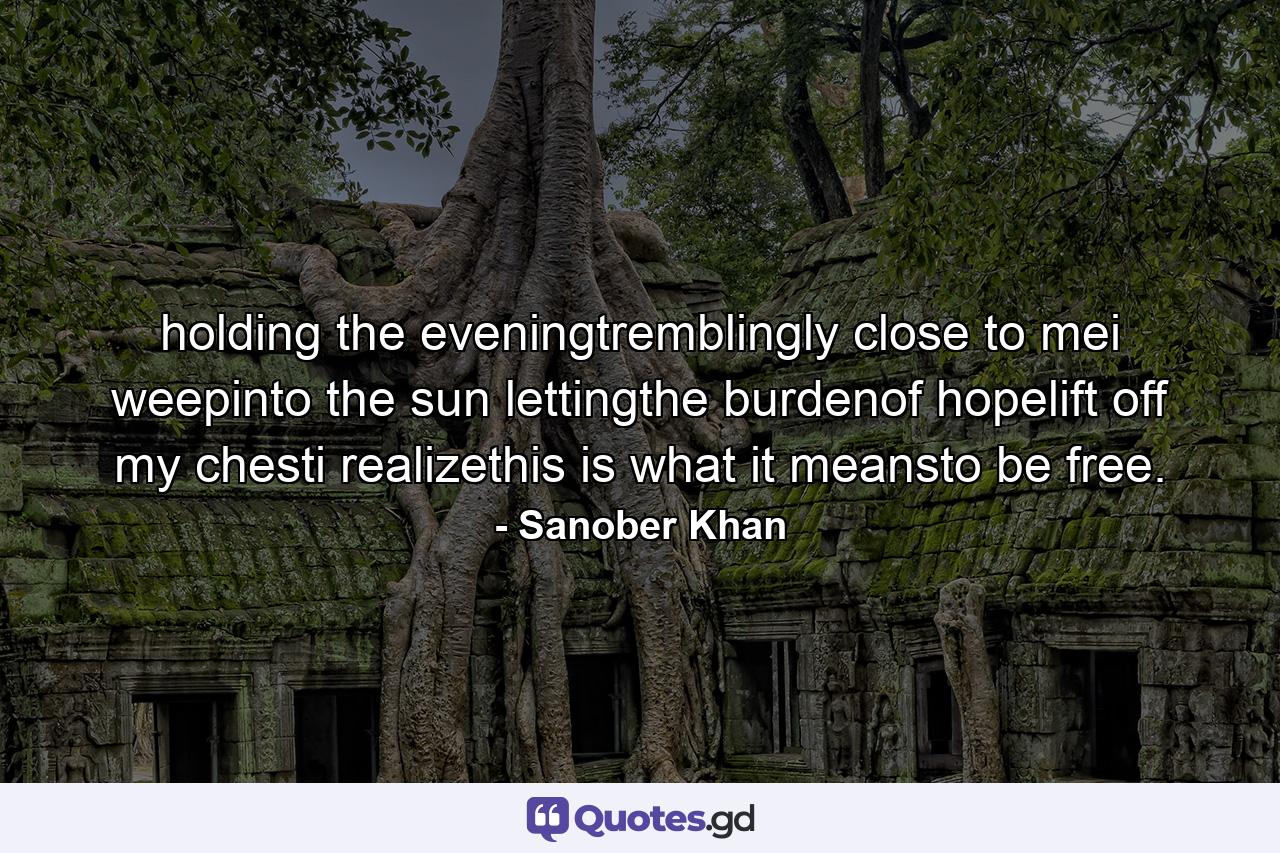 holding the eveningtremblingly close to mei weepinto the sun lettingthe burdenof hopelift off my chesti realizethis is what it meansto be free. - Quote by Sanober Khan