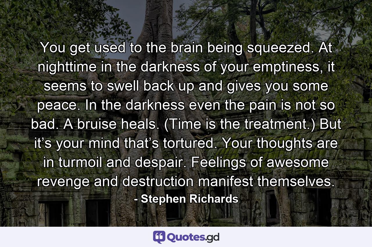 You get used to the brain being squeezed. At nighttime in the darkness of your emptiness, it seems to swell back up and gives you some peace. In the darkness even the pain is not so bad. A bruise heals. (Time is the treatment.) But it’s your mind that’s tortured. Your thoughts are in turmoil and despair. Feelings of awesome revenge and destruction manifest themselves. - Quote by Stephen Richards