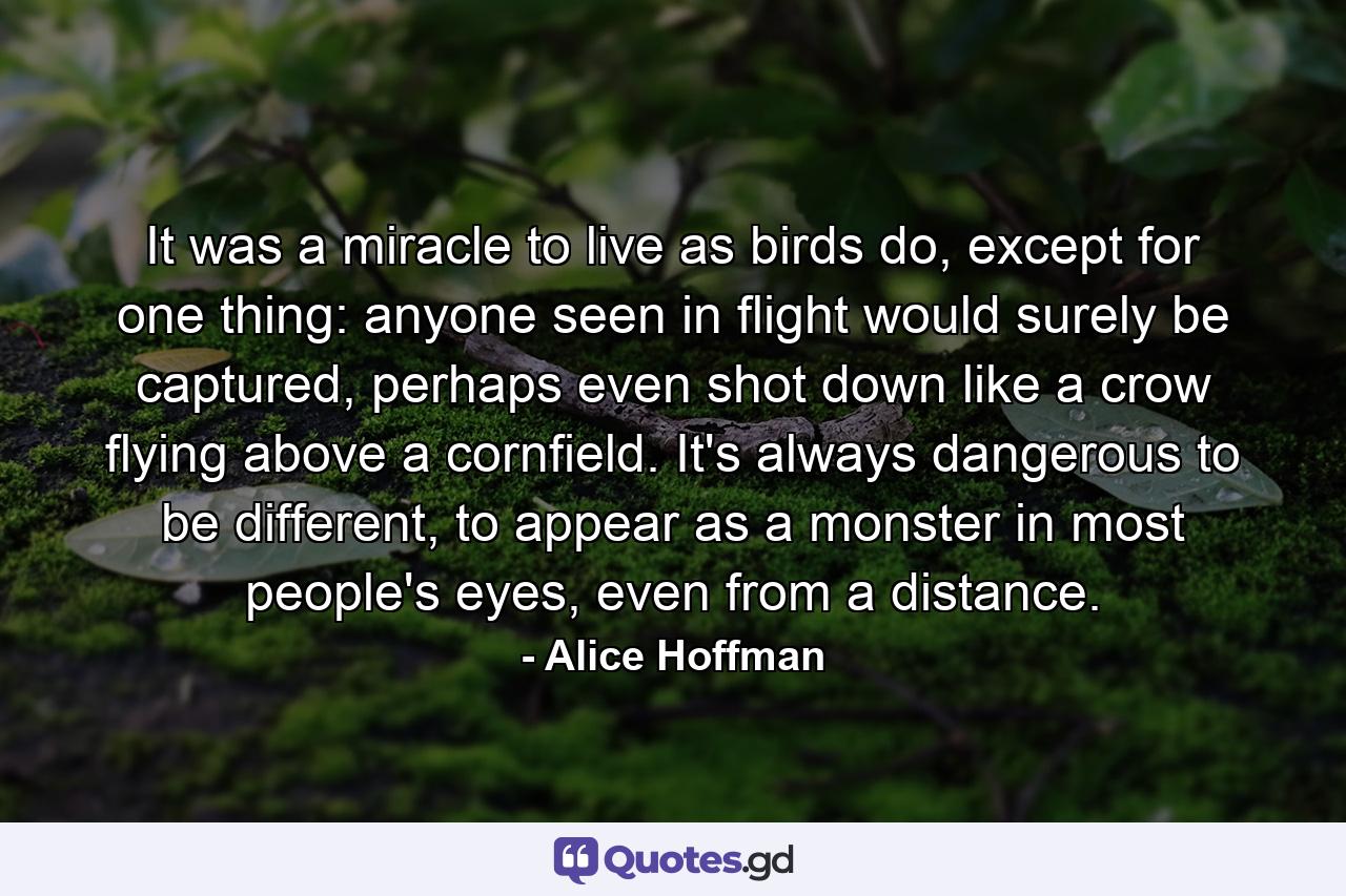 It was a miracle to live as birds do, except for one thing: anyone seen in flight would surely be captured, perhaps even shot down like a crow flying above a cornfield. It's always dangerous to be different, to appear as a monster in most people's eyes, even from a distance. - Quote by Alice Hoffman