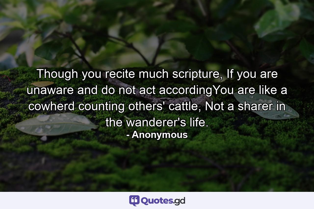 Though you recite much scripture, If you are unaware and do not act accordingYou are like a cowherd counting others' cattle, Not a sharer in the wanderer's life. - Quote by Anonymous