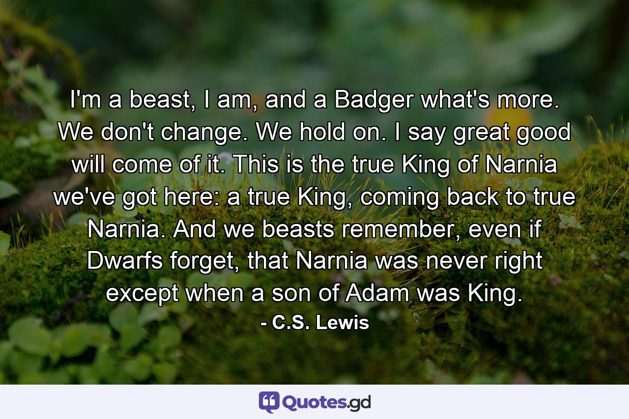 I'm a beast, I am, and a Badger what's more. We don't change. We hold on. I say great good will come of it. This is the true King of Narnia we've got here: a true King, coming back to true Narnia. And we beasts remember, even if Dwarfs forget, that Narnia was never right except when a son of Adam was King. - Quote by C.S. Lewis