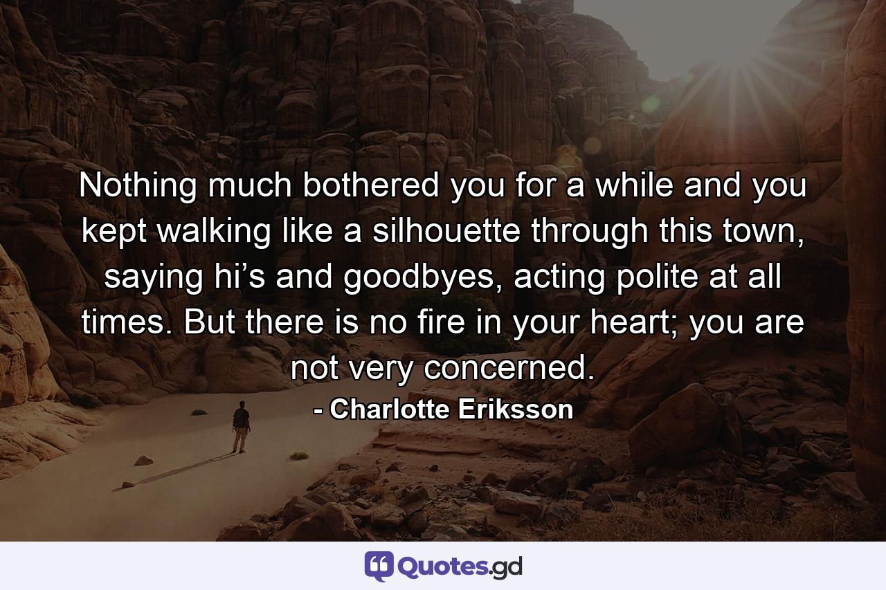 Nothing much bothered you for a while and you kept walking like a silhouette through this town, saying hi’s and goodbyes, acting polite at all times. But there is no fire in your heart; you are not very concerned. - Quote by Charlotte Eriksson