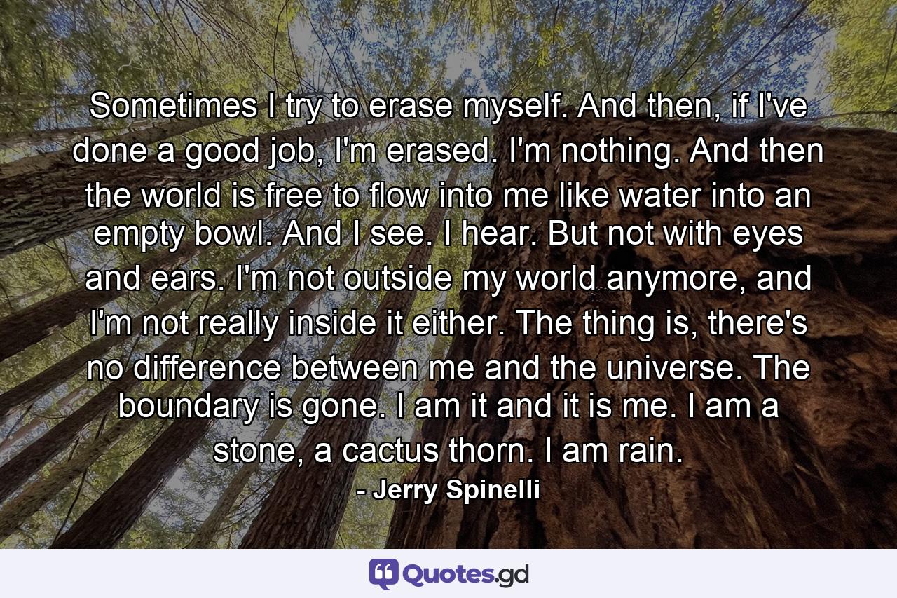 Sometimes I try to erase myself. And then, if I've done a good job, I'm erased. I'm nothing. And then the world is free to flow into me like water into an empty bowl. And I see. I hear. But not with eyes and ears. I'm not outside my world anymore, and I'm not really inside it either. The thing is, there's no difference between me and the universe. The boundary is gone. I am it and it is me. I am a stone, a cactus thorn. I am rain. - Quote by Jerry Spinelli