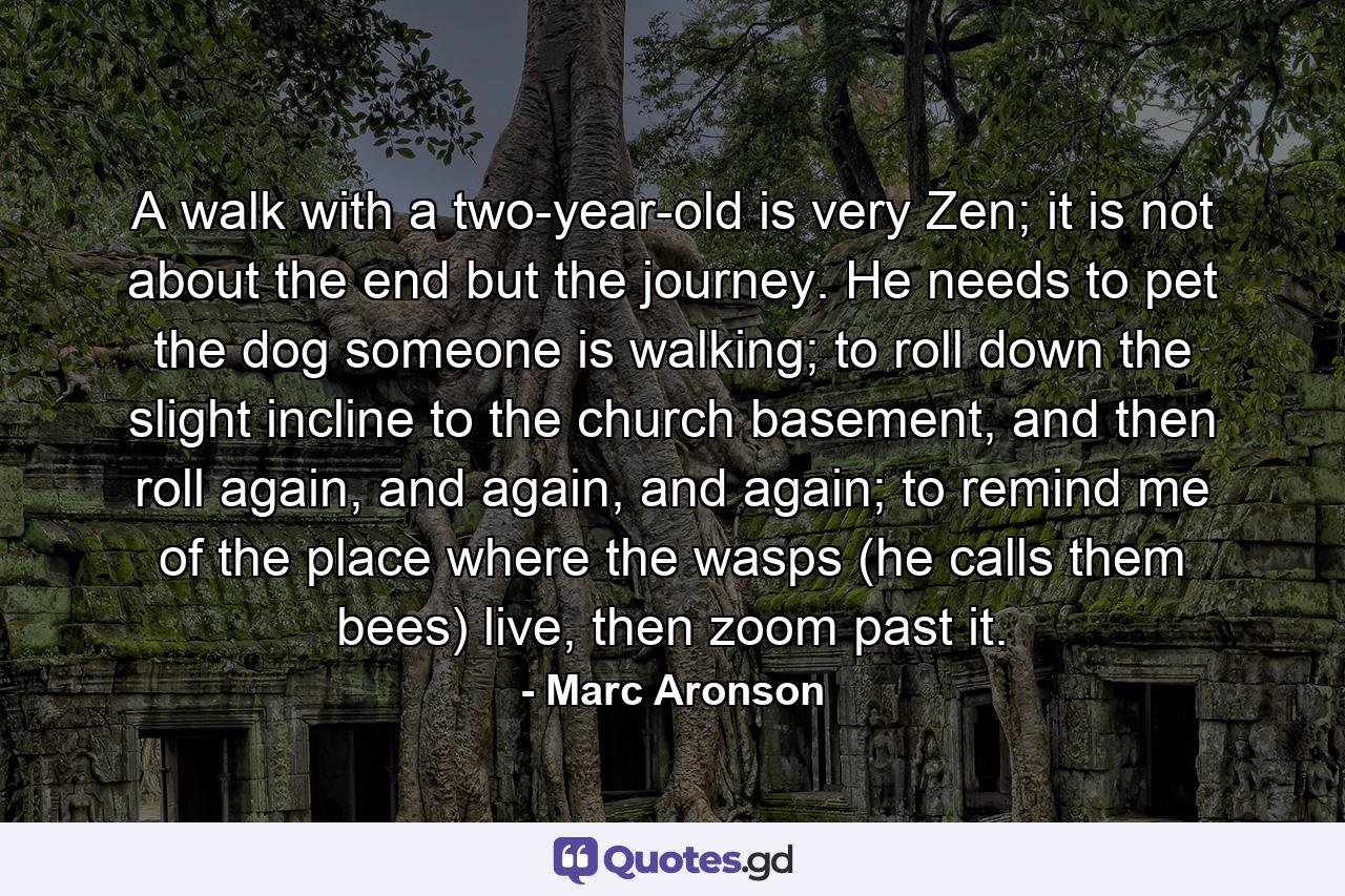 A walk with a two-year-old is very Zen; it is not about the end but the journey. He needs to pet the dog someone is walking; to roll down the slight incline to the church basement, and then roll again, and again, and again; to remind me of the place where the wasps (he calls them bees) live, then zoom past it. - Quote by Marc Aronson